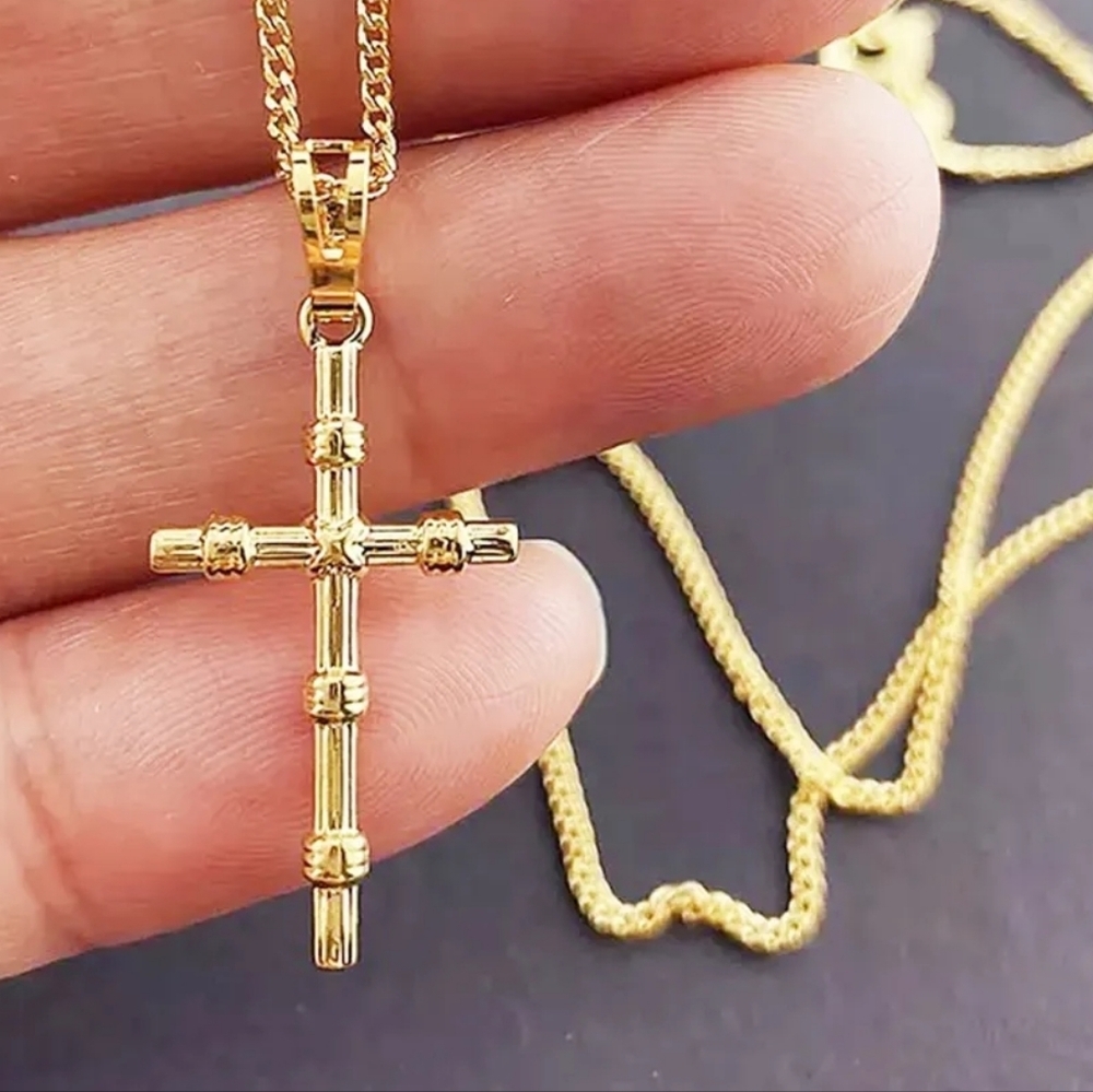 Unisex 18k Gold Filled Cross Pendant‎ Necklace, 18”